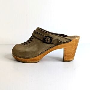 No. 6 Peep Toe Clogs 36 Tan Leather Wood Heel Strap Braided Vamp 6-6.5